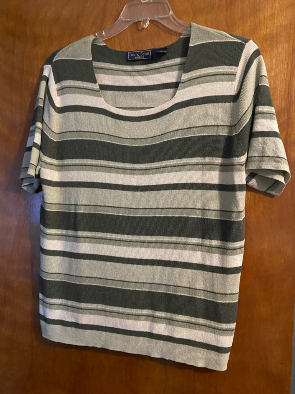 Laura Scott Olive Green & Cream Striped Short Sleeve Scoop Neck Top